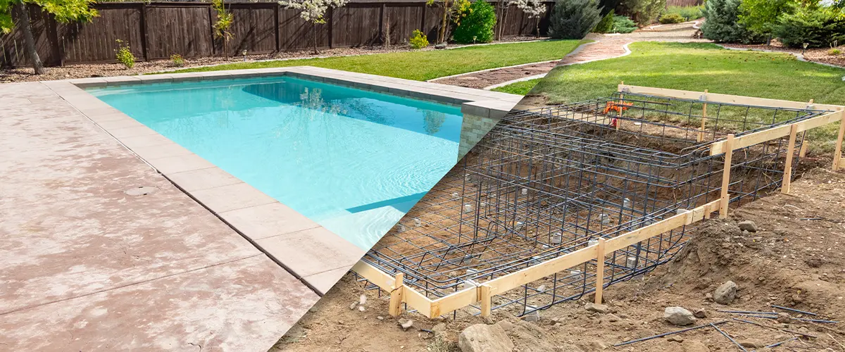 Side-by-side comparison of an inground swimming pool building in Little Elm, and the completed pool in a landscaped backyard.