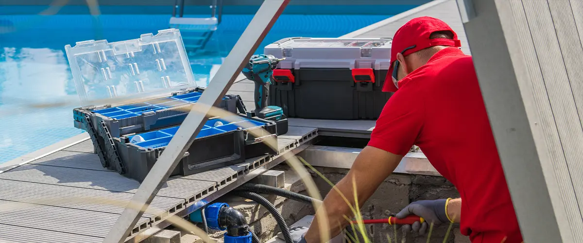 Man in red uniform working on pool repair in Plano, ensuring proper functionality of pool systems, tools on deck.