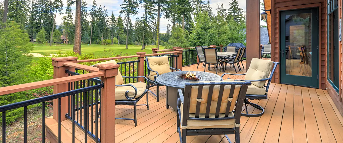 Outdoor deck with seating area, patio furniture, and forest view - luxury cabin deck design for outdoor relaxation.