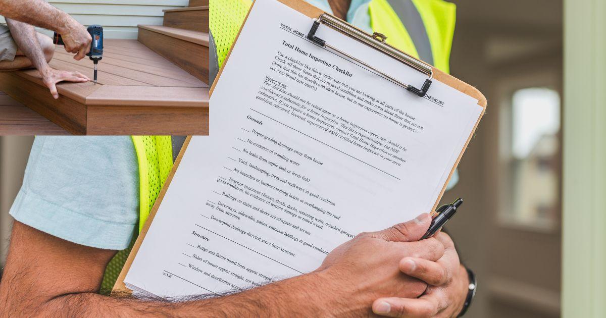 A home inspector in a yellow vest holding a clipboard with a detailed home inspection checklist in front of a residential property