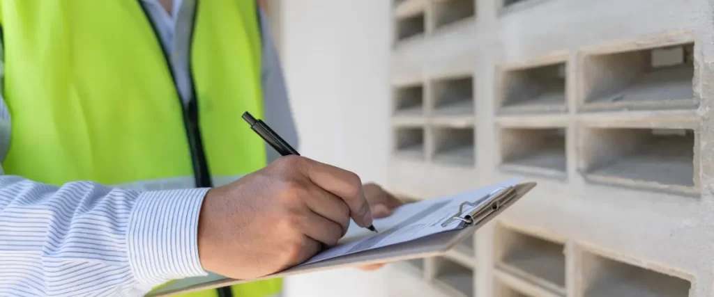 A construction inspector wearing a high-visibility vest writing on a clipboard while examining a concrete ventilation block wall